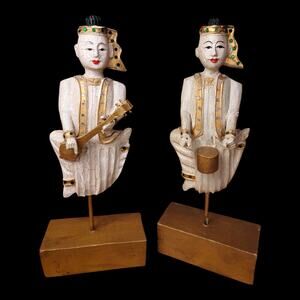 Vintage Carved Wood Thai Musician Figurines Pair Drum & Lute Gold Bases 14"